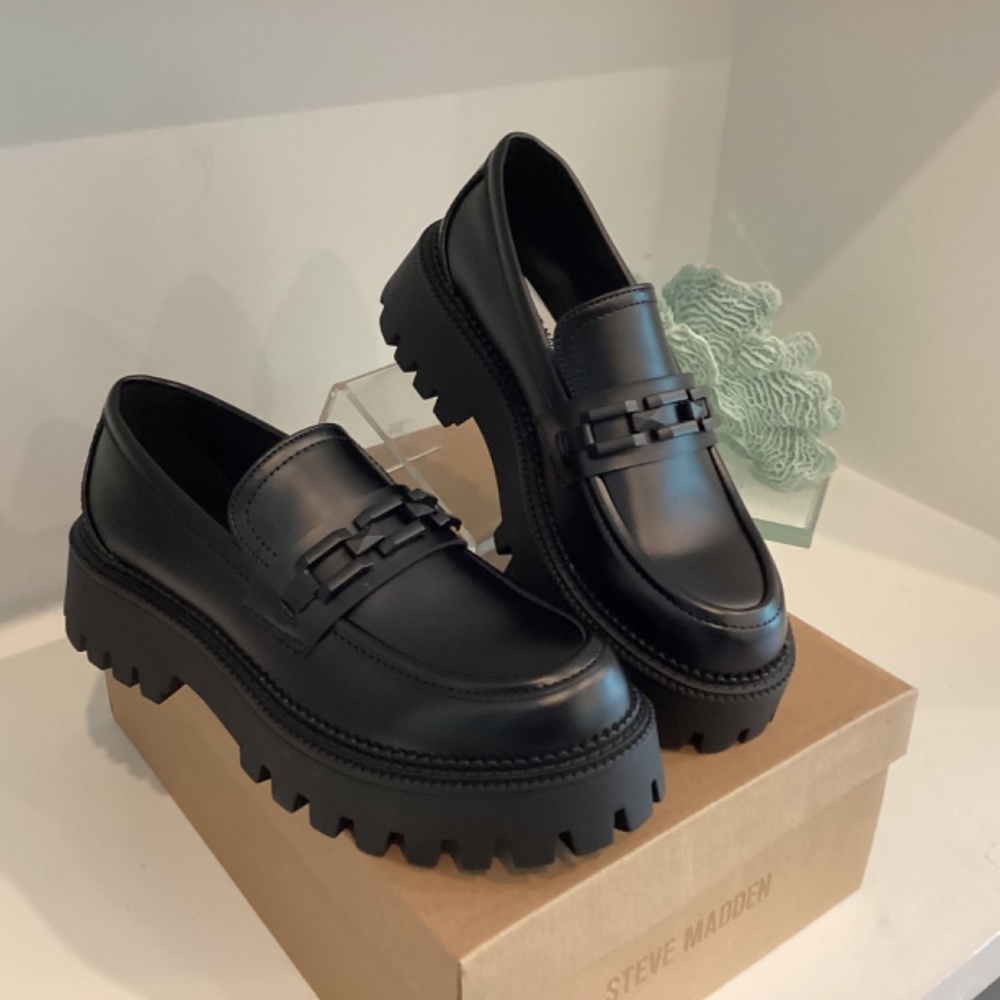 Steve Madden Women's Loafer Chunky Platform Black Leather All Sizes - Picture 5 of 12